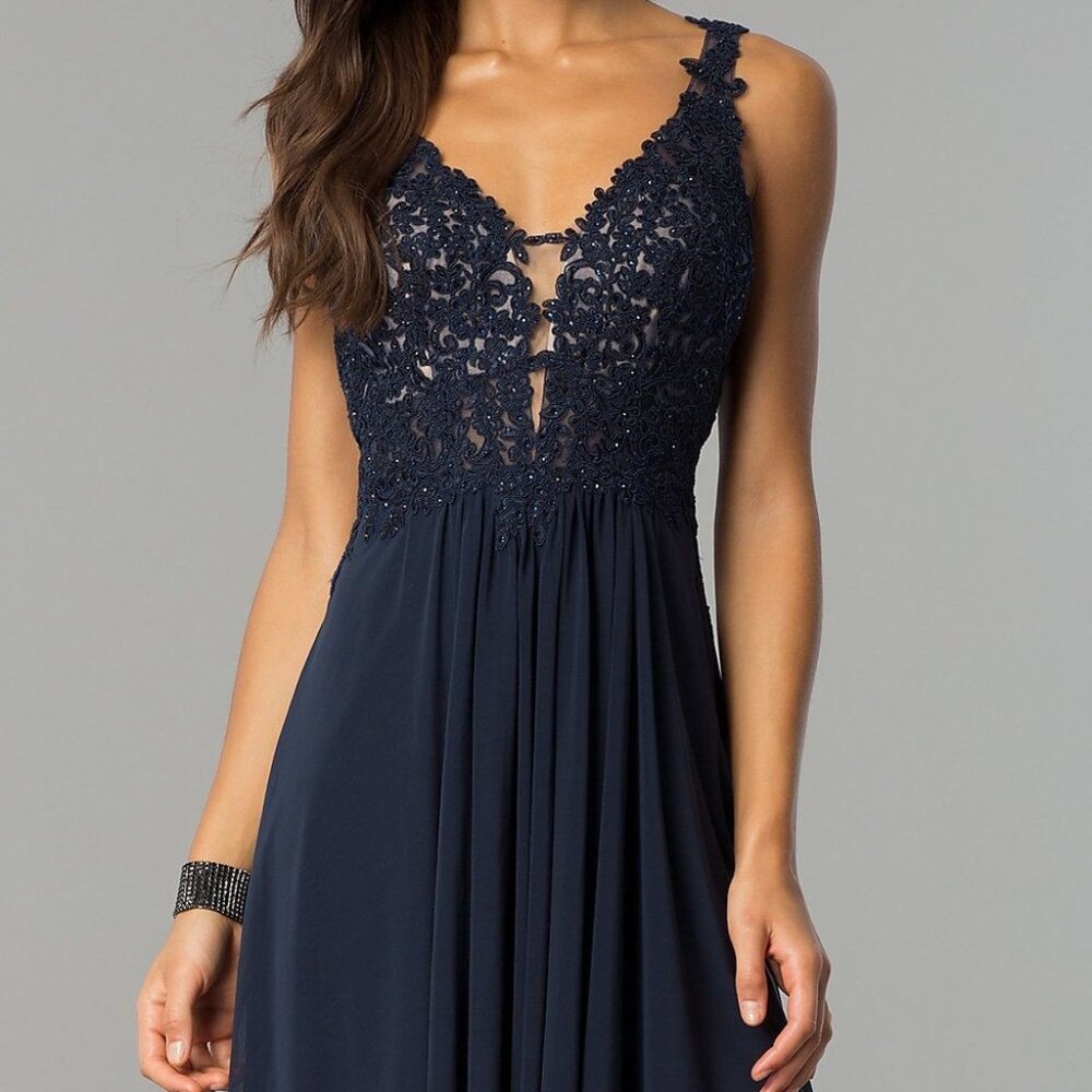 Faviana Navy Sleeveless Short Lace A-Line Mesh Chiffon Short Dress